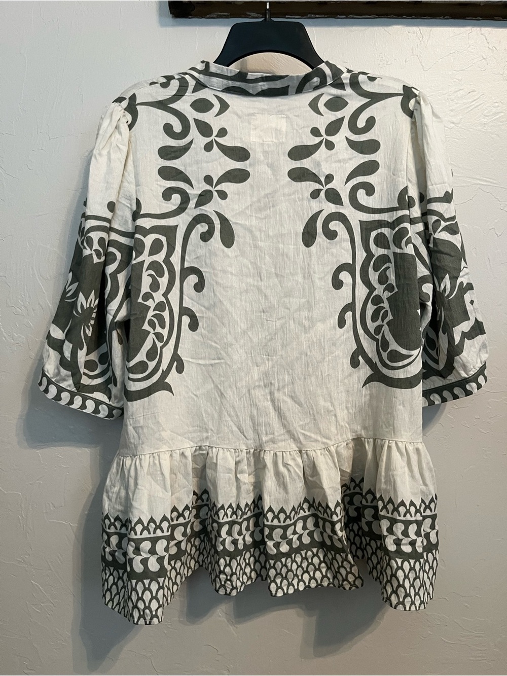 UMGEE Scroll Print Popover Peplum Blouse Boho Tunic Top Sz XL Cream Sage - Picture 6 of 10
